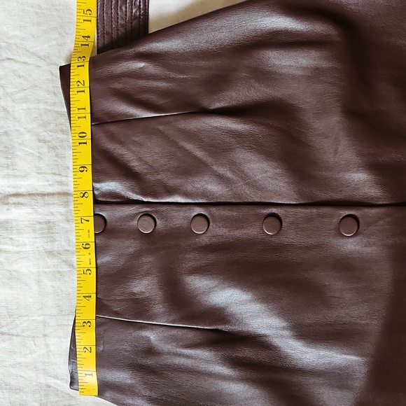 Faux Leather Wine Brown Belted Midi Skirt Snap Buttons Pencil Size Xsmall - Picture 15 of 17
